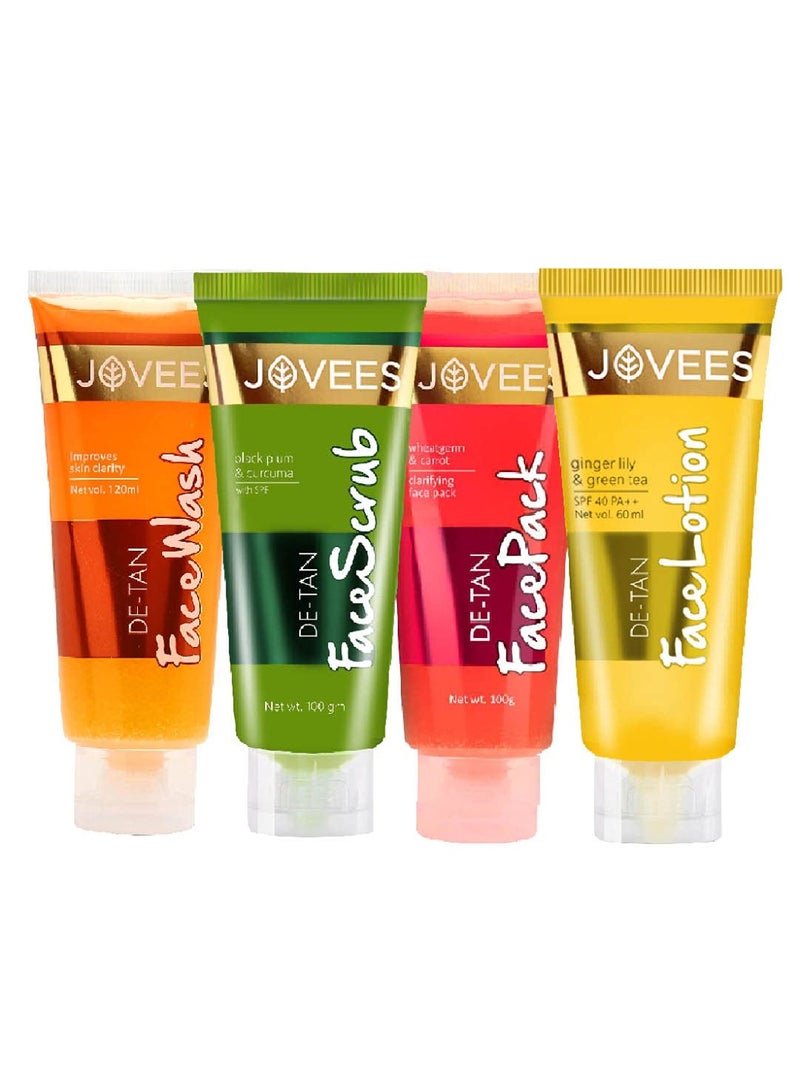 Jovees Herbal Face Care Combo | De-Tan Facewash 120ml, Scrub 100ml, face Pack 100g, Lotion 60ml | Tan Removal - Image 1